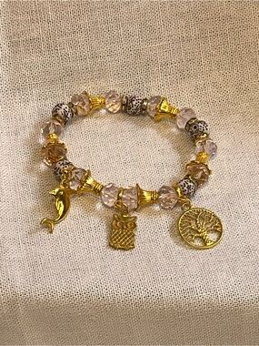 Gold Charm Stretch Bracelet with Light Pink Crystal Beads